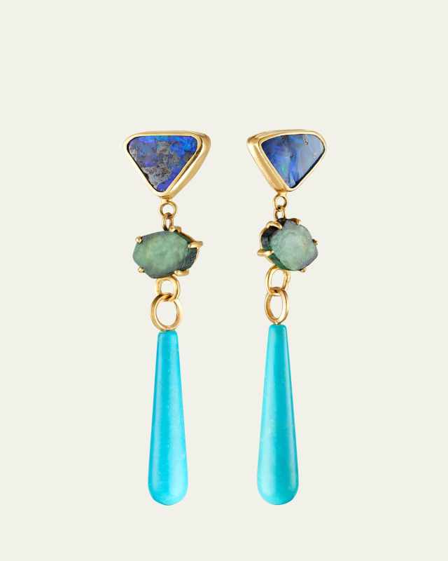 18K Yellow Gold Australian Blue Boulder Opal, Emerald and Turquoise Drop Earrings